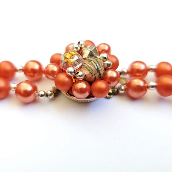 Vintage 50s Orange Beaded Necklace Matte Shiny Black Gold Green Halloween Autumn - Picture 3 of 4